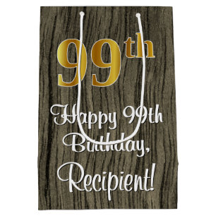 99th Birthday: Elegant Faux Gold Look #, Faux Wood Medium Gift Bag
