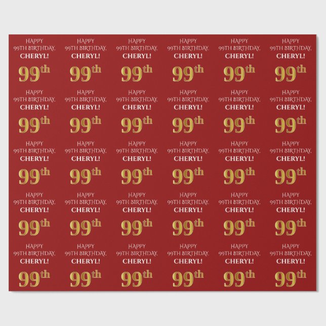 99th Birthday: Elegant, Red, Faux Gold Look Wrapping Paper (Flat)