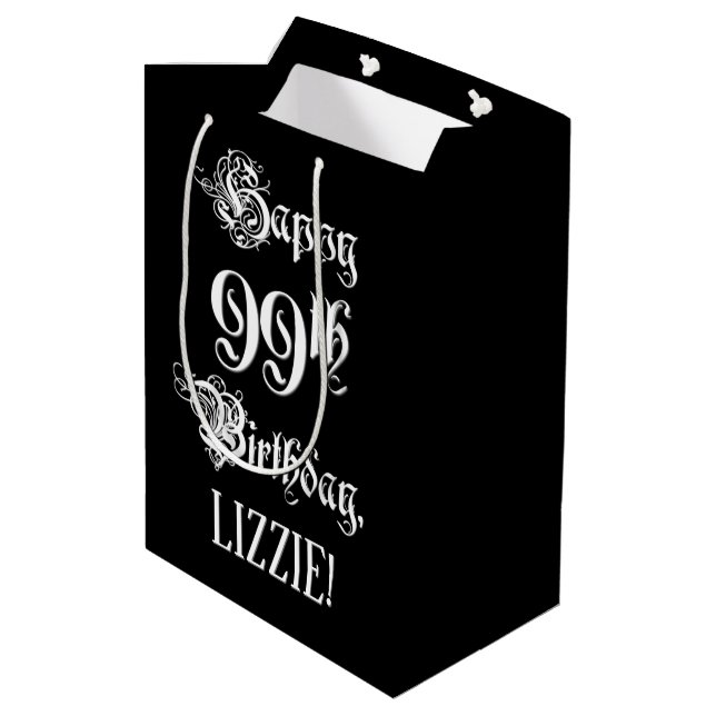 99th Birthday: Fancy, Elegant Script + Custom Name Medium Gift Bag (Back Angled)