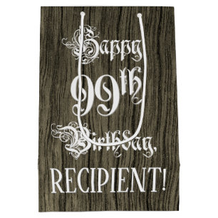 99th Birthday: Fancy, Faux Wood Look + Custom Name Medium Gift Bag