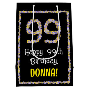 99th Birthday: Floral Flowers Number, Custom Name Medium Gift Bag