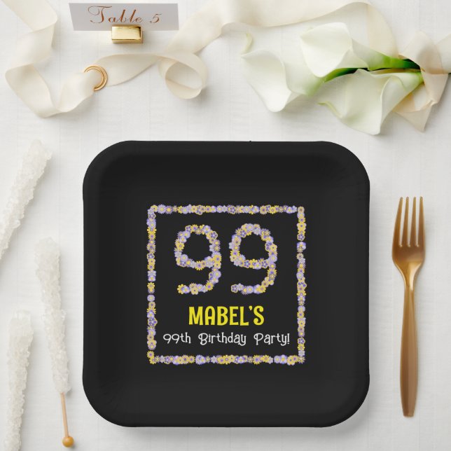 99th Birthday: Floral Flowers Number, Custom Name Paper Plate (Wedding)
