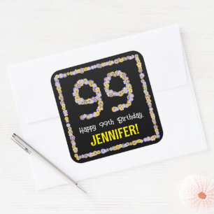 99th Birthday: Floral Flowers Number, Custom Name Square Sticker