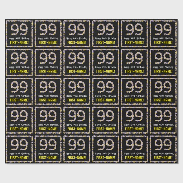 99th Birthday: Floral Flowers Number, Custom Name Wrapping Paper (Flat)
