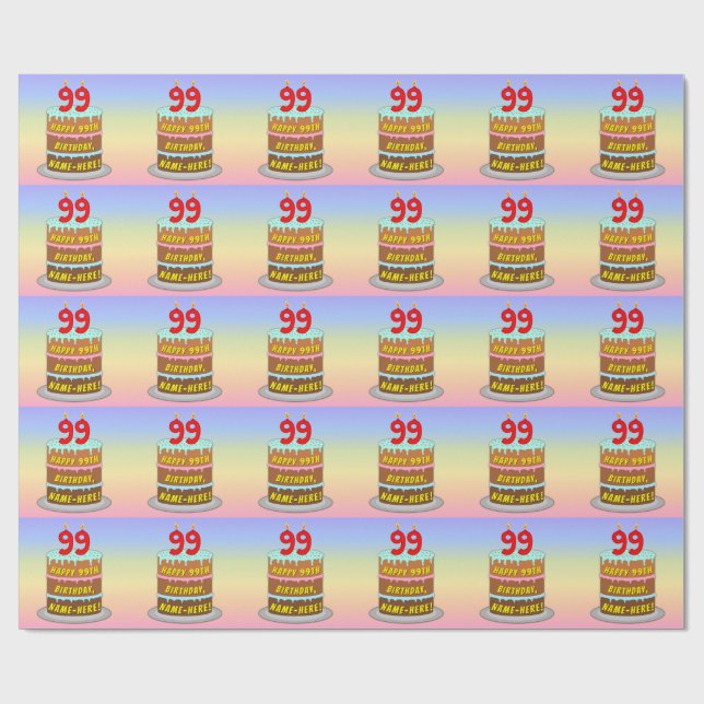 99th Birthday: Fun Cake and Candles + Custom Name Wrapping Paper (Flat)