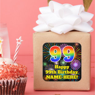 99th Birthday: Fun Fireworks Look, Rainbow # 99 Sq Square Sticker
