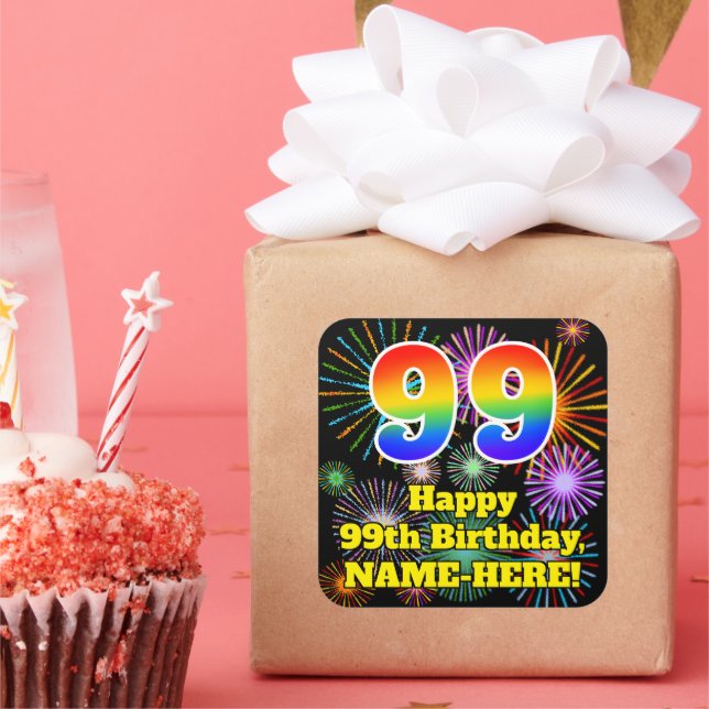 99th Birthday: Fun Fireworks Look, Rainbow # 99 Sq Square Sticker (Party)