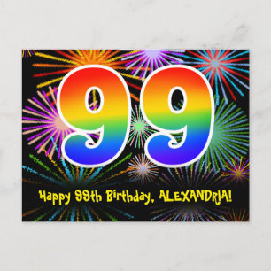 99th Birthday – Fun Fireworks Pattern + Rainbow 99 Postcard
