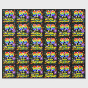 99th Birthday: Fun Fireworks, Rainbow Look # “99” Wrapping Paper