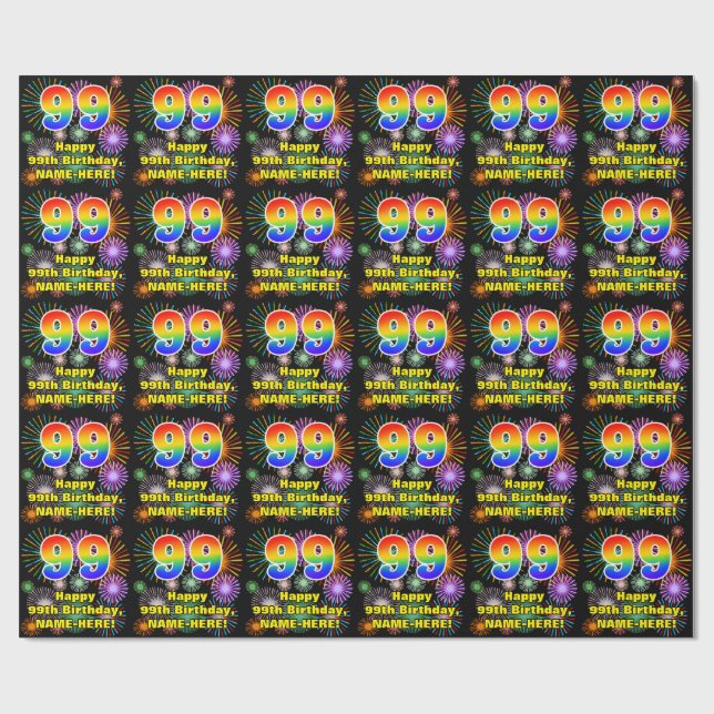 99th Birthday: Fun Fireworks, Rainbow Look # “99” Wrapping Paper (Flat)