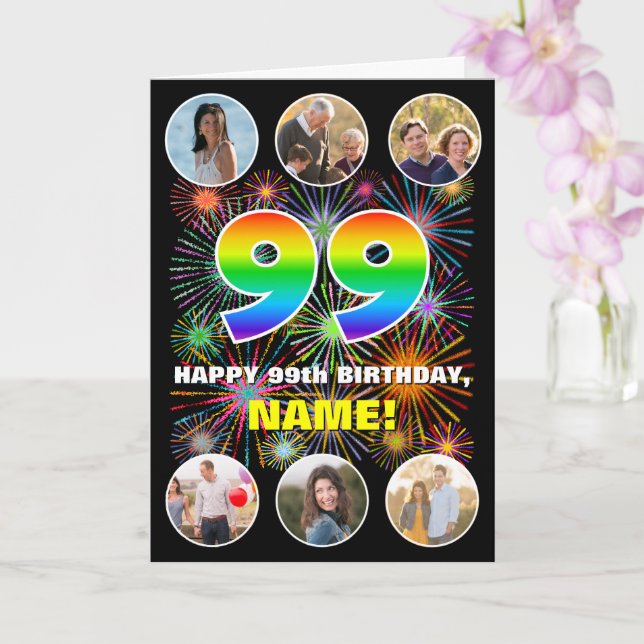 99th Birthday: Fun Rainbow #, Custom Name & Photos Card (Orchid)