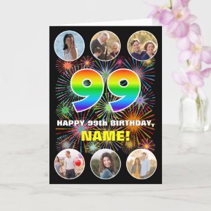 99th Birthday: Fun Rainbow #, Custom Name & Photos Card