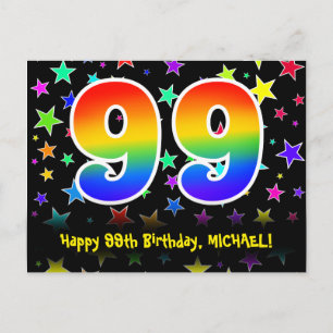 99th Birthday: Fun Stars Pattern, Rainbow 99, Name Postcard
