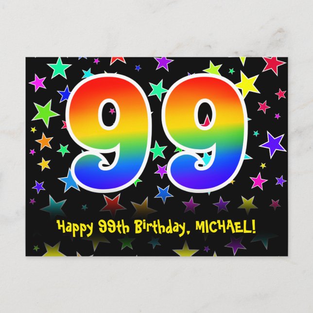 99th Birthday: Fun Stars Pattern, Rainbow 99, Name Postcard (Front)