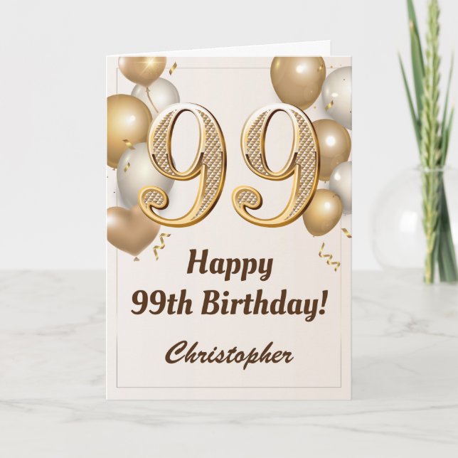 99th Birthday Gold Balloons and Confetti Birthday Card (Front)