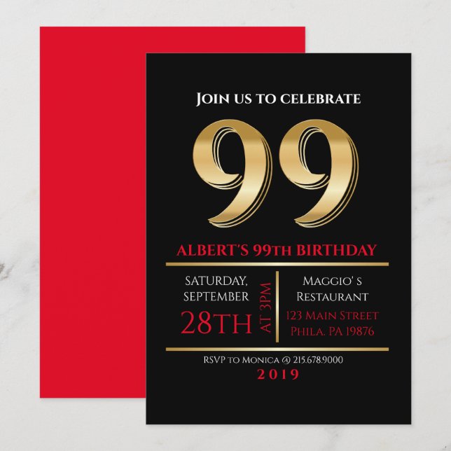 99th Birthday Gold Black Party Invitation (Front/Back)