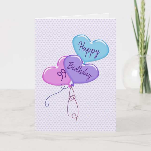 99th Birthday Heart Balloons on Hearts  Card (Front)