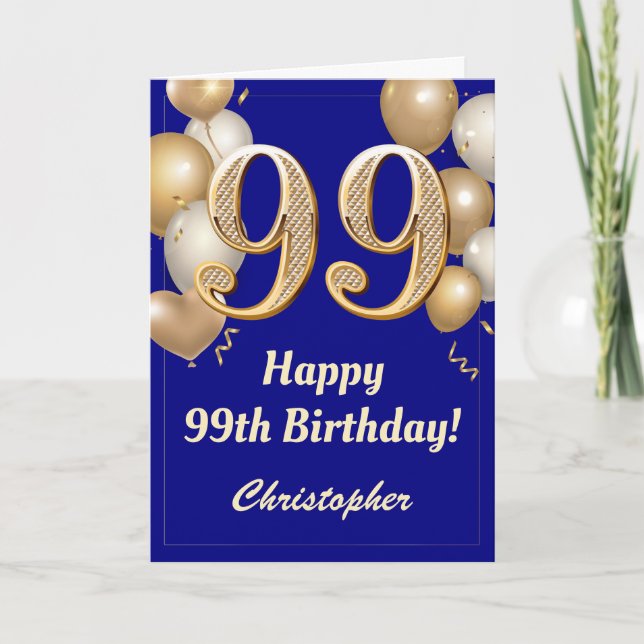 99th Birthday Navy Blue and Gold Balloons Confetti Card (Front)