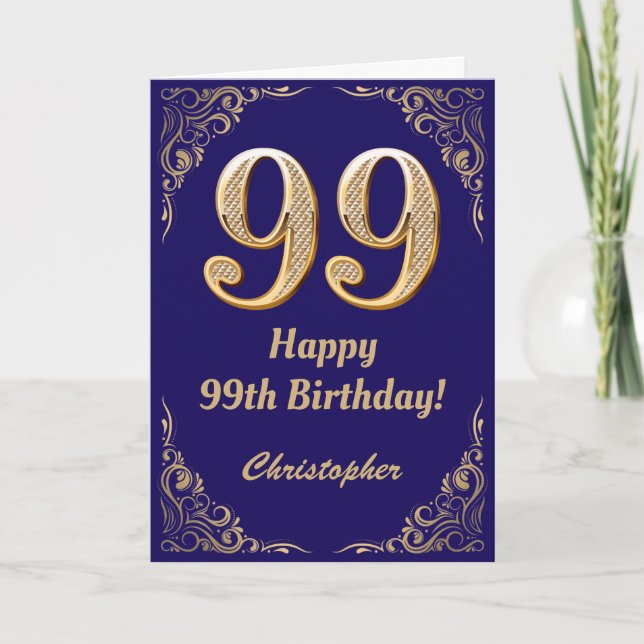 99th Birthday Navy Blue and Gold Glitter Frame Card (Front)