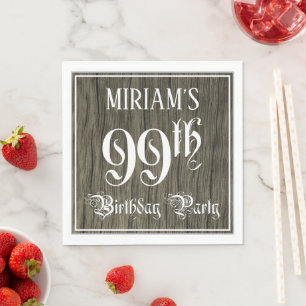 99th Birthday Party — Fancy Script, Faux Wood Look Napkin