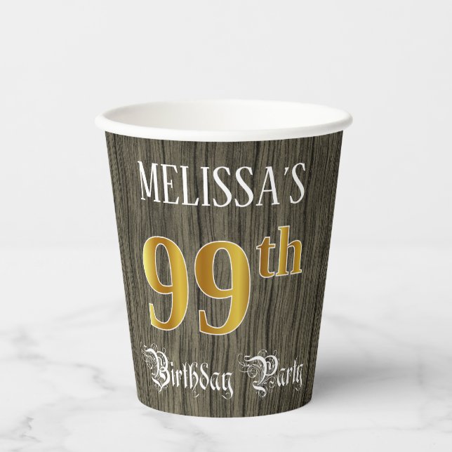 99th Birthday Party — Faux Gold & Faux Wood Looks Paper Cups (Front)