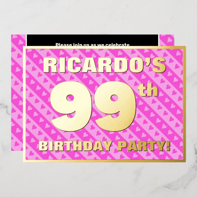 99th Birthday Party — Fun Pink Hearts and Stripes (Front/Back)