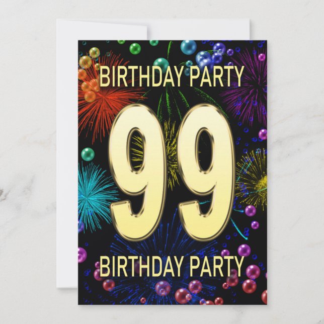 99th Birthday Party Invitation Fireworks Bubbles (Front)