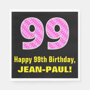 99th Birthday: Pink Stripes and Hearts "99" + Name Napkin