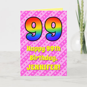 99th Birthday: Pink Stripes & Hearts, Rainbow # 99 Card