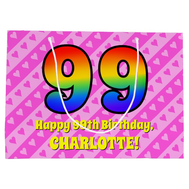 99th Birthday: Pink Stripes & Hearts, Rainbow # 99 Large Gift Bag (Back)