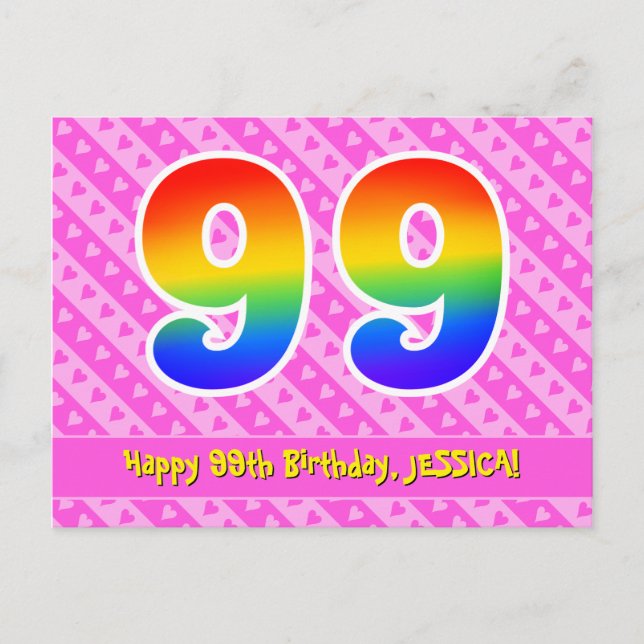 99th Birthday: Pink Stripes & Hearts, Rainbow 99 Postcard (Front)