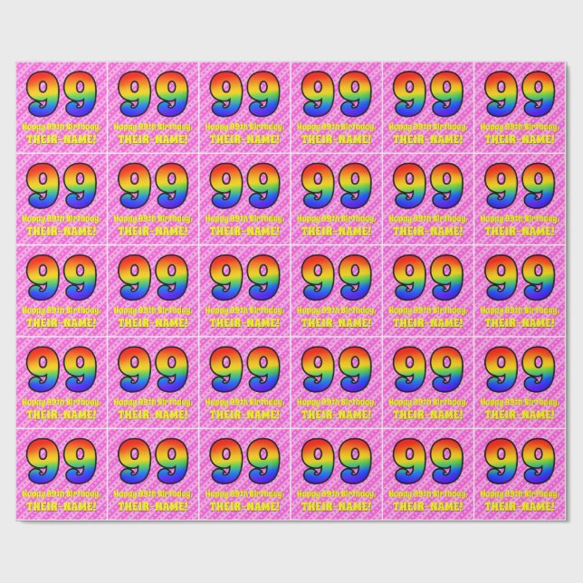 99th Birthday: Pink Stripes & Hearts, Rainbow # 99 Wrapping Paper (Flat)