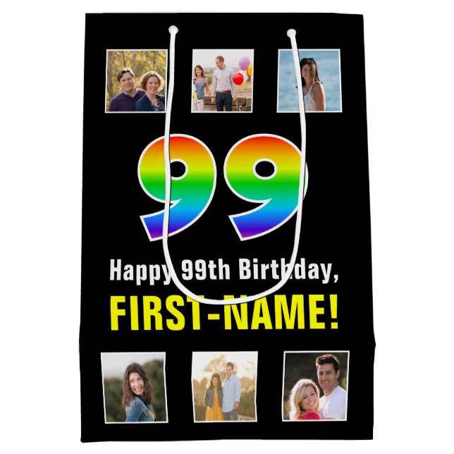 99th Birthday: Rainbow “99“, Custom Photos & Name Medium Gift Bag (Back)