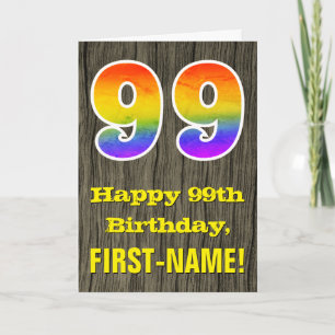 99th Birthday: Rustic Faux Wood Look, Rainbow "99" Card