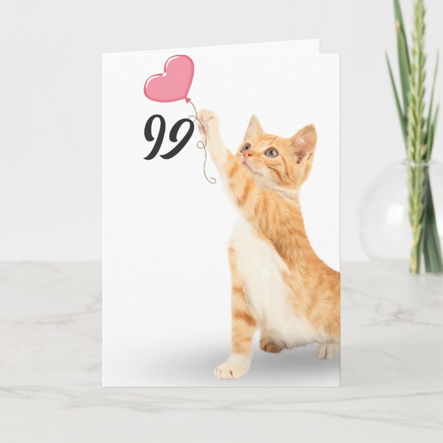 99th birthday tabby cat with heart balloon card (Front)
