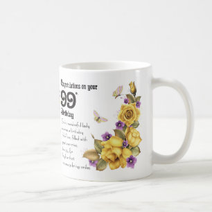 99th Birthday Yellow Rose And Butterfly Gift Mug, Coffee Mug