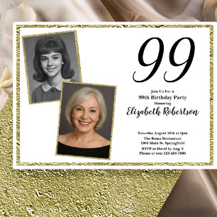 99th Custom Photo White and Gold Invitation