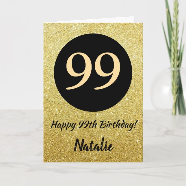 99th Happy Birthday Black and Gold Glitter Card (Front)