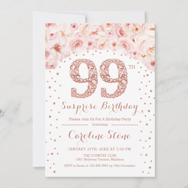 99th Surprise Birthday Party - White Rose Gold Invitation (Front)