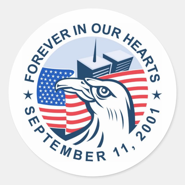 9/11 memorial american eagle flag twin towers classic round sticker (Front)