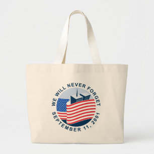 9/11 memorial with american flag and twin towers large tote bag