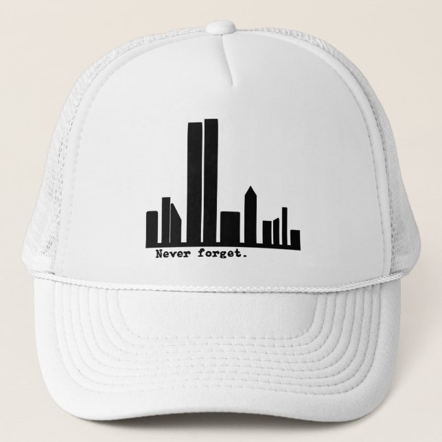 9-11 Never Forget NY Skyline Tshirts, Buttons Trucker Hat (Front)