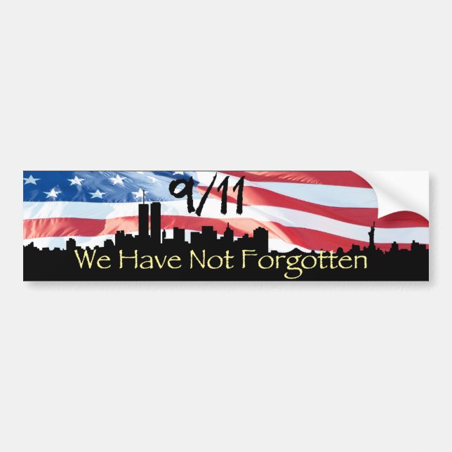 9/11 Remembered NY Skyline and Waving Flag Bumper Sticker (Front)