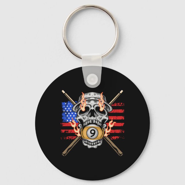 9 Ball Billiard Pool Player American Flag Skull Bi Key Ring (Front)