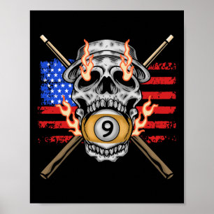 9 Ball Billiard Pool Player American Flag Skull Bi Poster