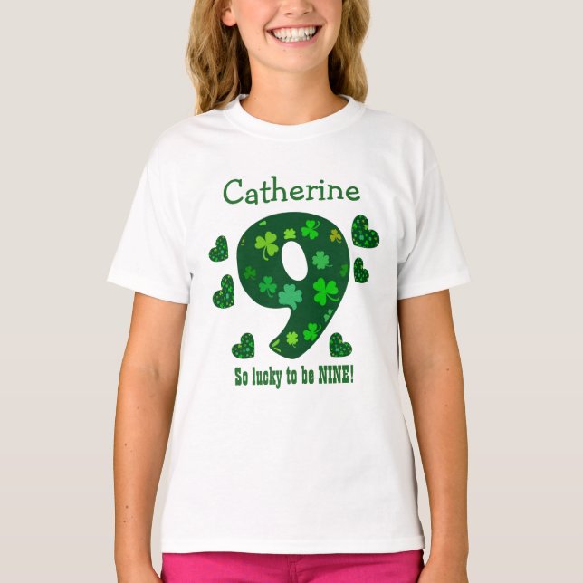 9 Birthday Girl Shamrock Number Custom Name V22A T-Shirt (Front)