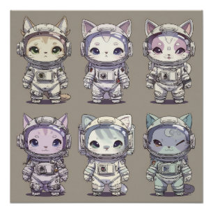 9 Chibi Astronaut Kittens Space Crew Poster