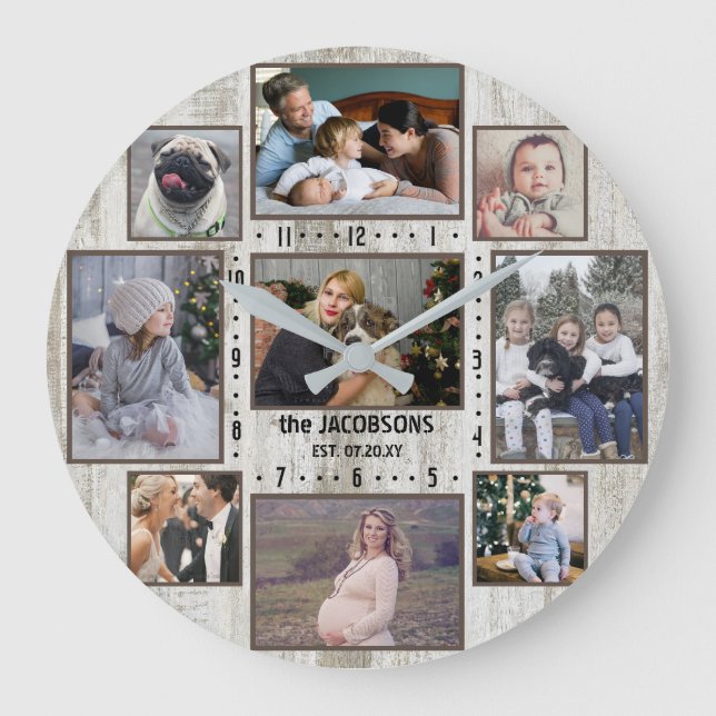 9 Family Photo Collage Farmhouse Wood Custom Name Large Clock (Front)