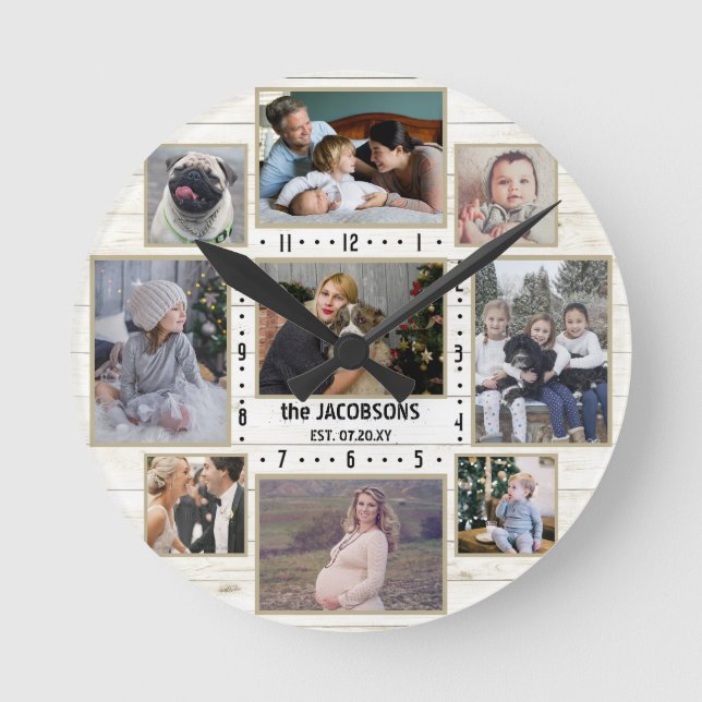 9 Family Photo Collage Name Light Farmhouse Wood Round Clock (Front)