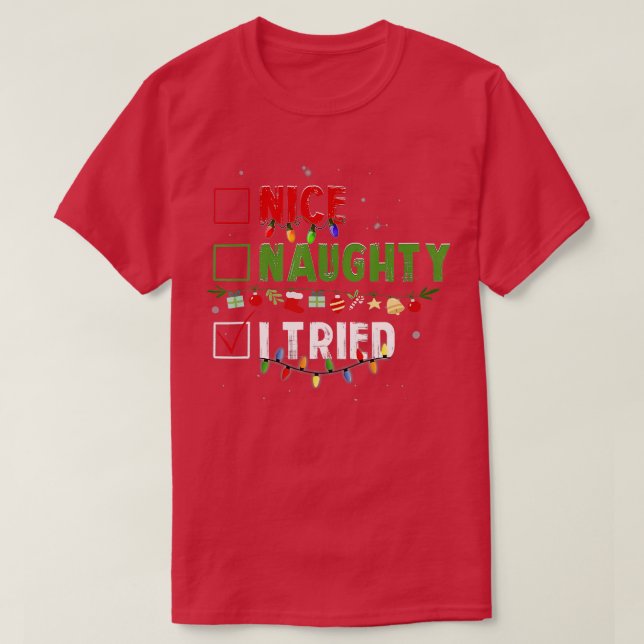 9 Funny Christmas Pajama Lights Nice Naughty I Tri T-Shirt (Design Front)